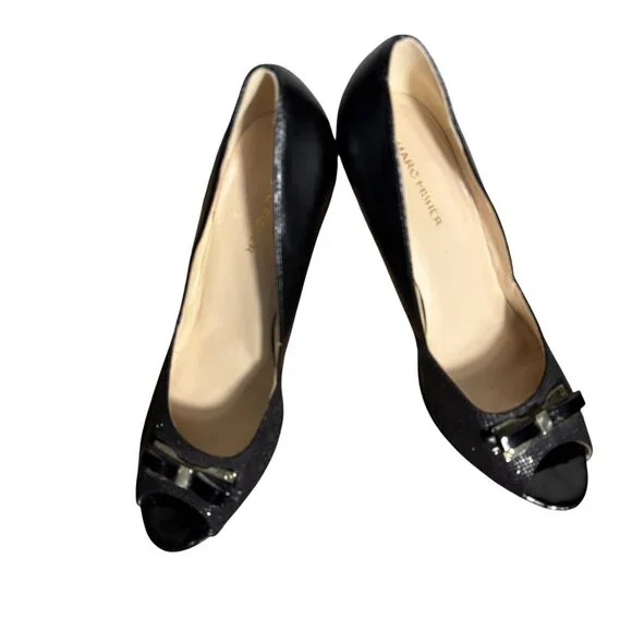 Marc Fisher 9.5M Black Peep-Toe Heels With Bow Accent Textured Finish & Stiletto - Picture 11 of 11